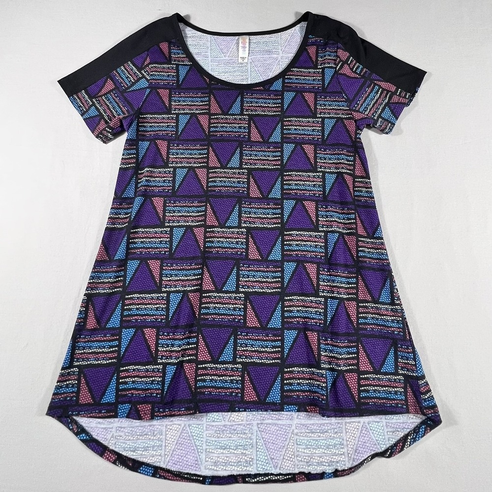 LuLaRoe Perfect T Tunic Top Womens XS Purple Geometric High Low Short Sleeve - Picture 2 of 10